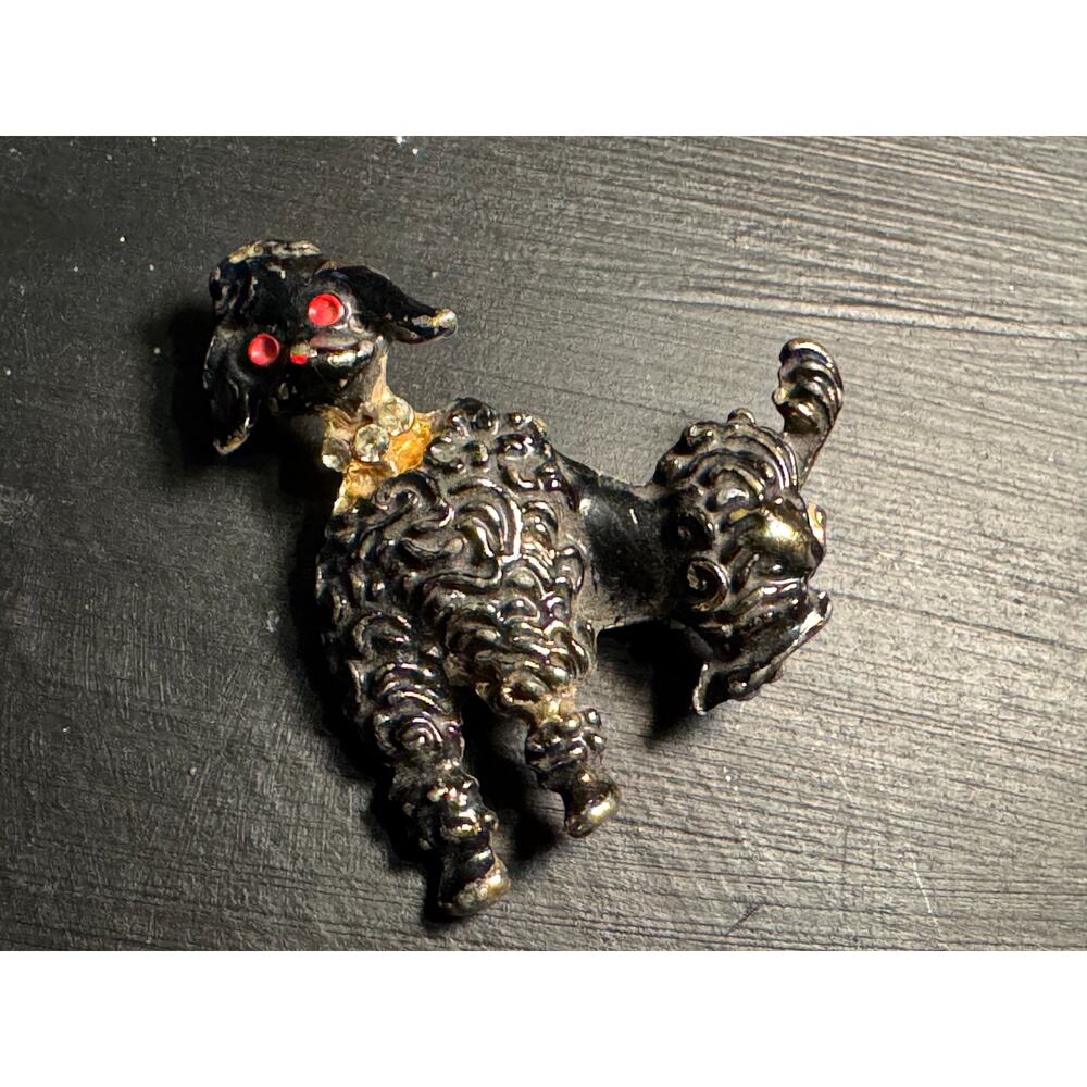 Vintage Poodle Brooch w/ Rhinestone Eyes & Collar - Picture 2 of 4